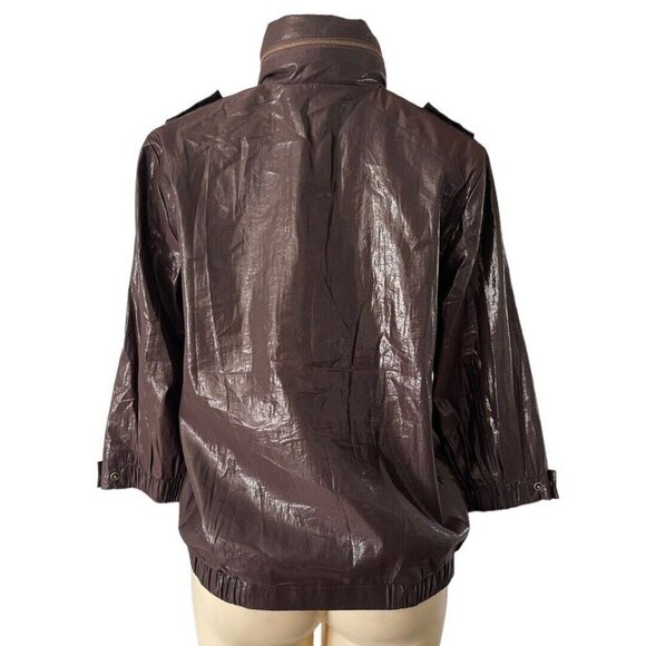 Chico’s 80’s Wet Look Brown Shiny Bomber Jacket Hooded 3/4 sleeve Size 1 / Med - Picture 4 of 12